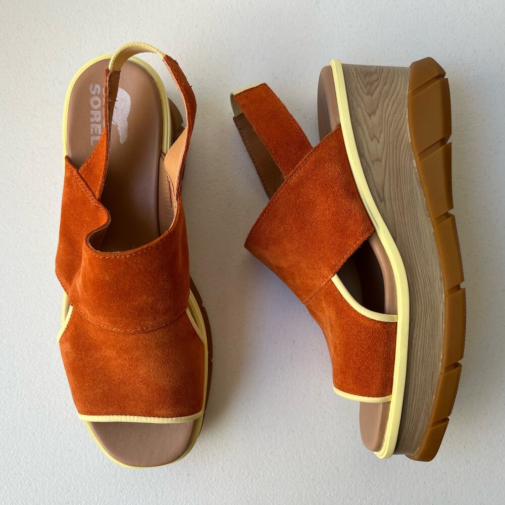 Sorel Joanie lll Sandals Women's 10.5 Orange Suede Slingback Wedge Platform NEW - Picture 3 of 13